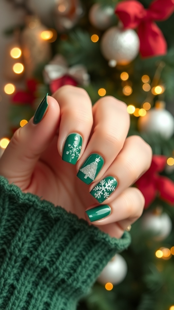 Festive green Christmas nail art with glittery designs and decorations.